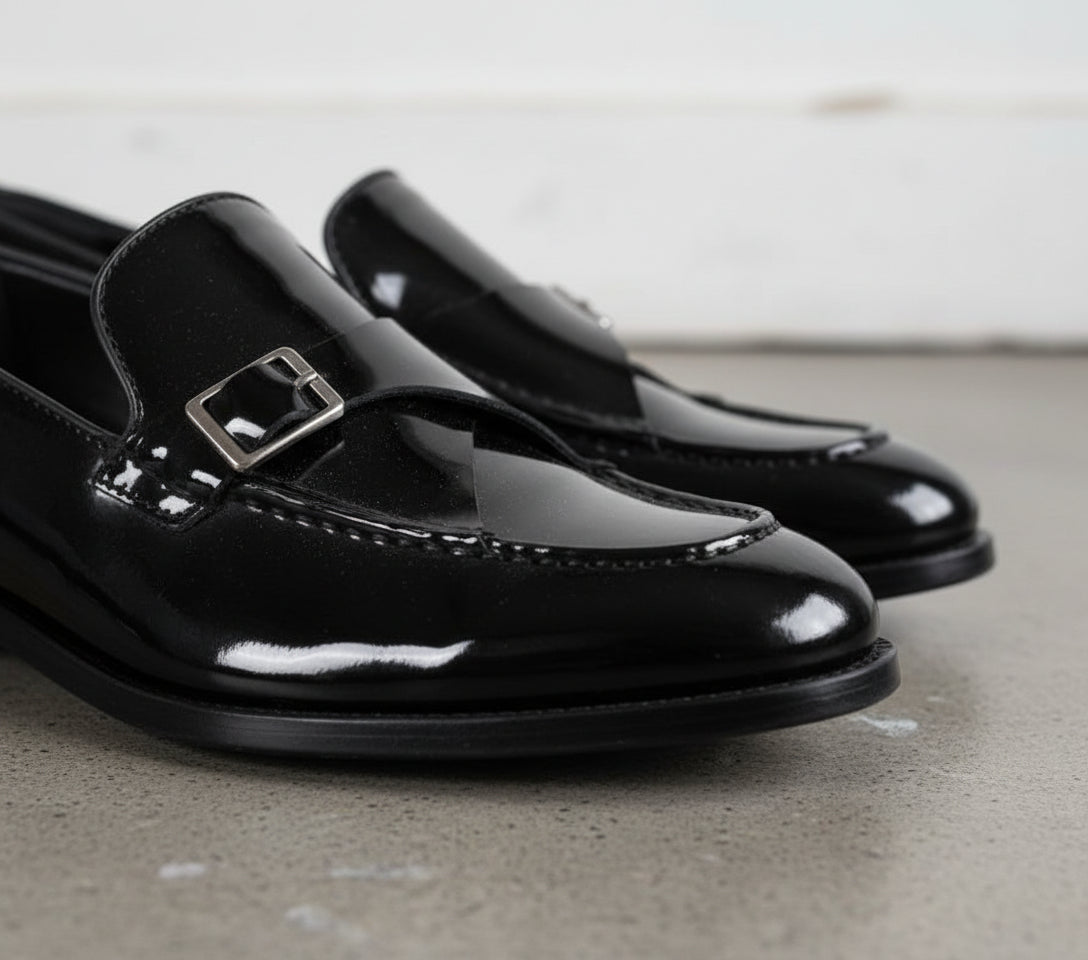 Handmade Men Patent Black Leather Monk Shoes, Office Shoes, Leather Shoes - detail-view-showing-texture