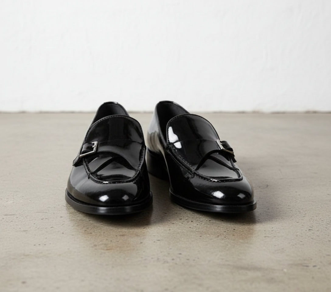 Handmade Men Patent Black Leather Monk Shoes, Office Shoes, Leather Shoes - front-view