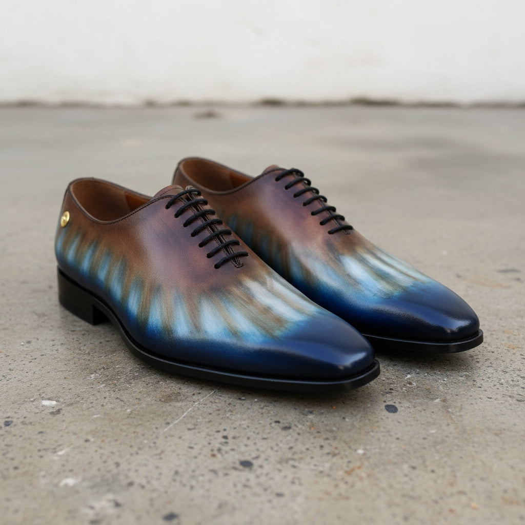 Handmade Men Patina Whole Cut Oxford Shoes, Hand painted Formal Dress Shoes - angle-view-showing-depth