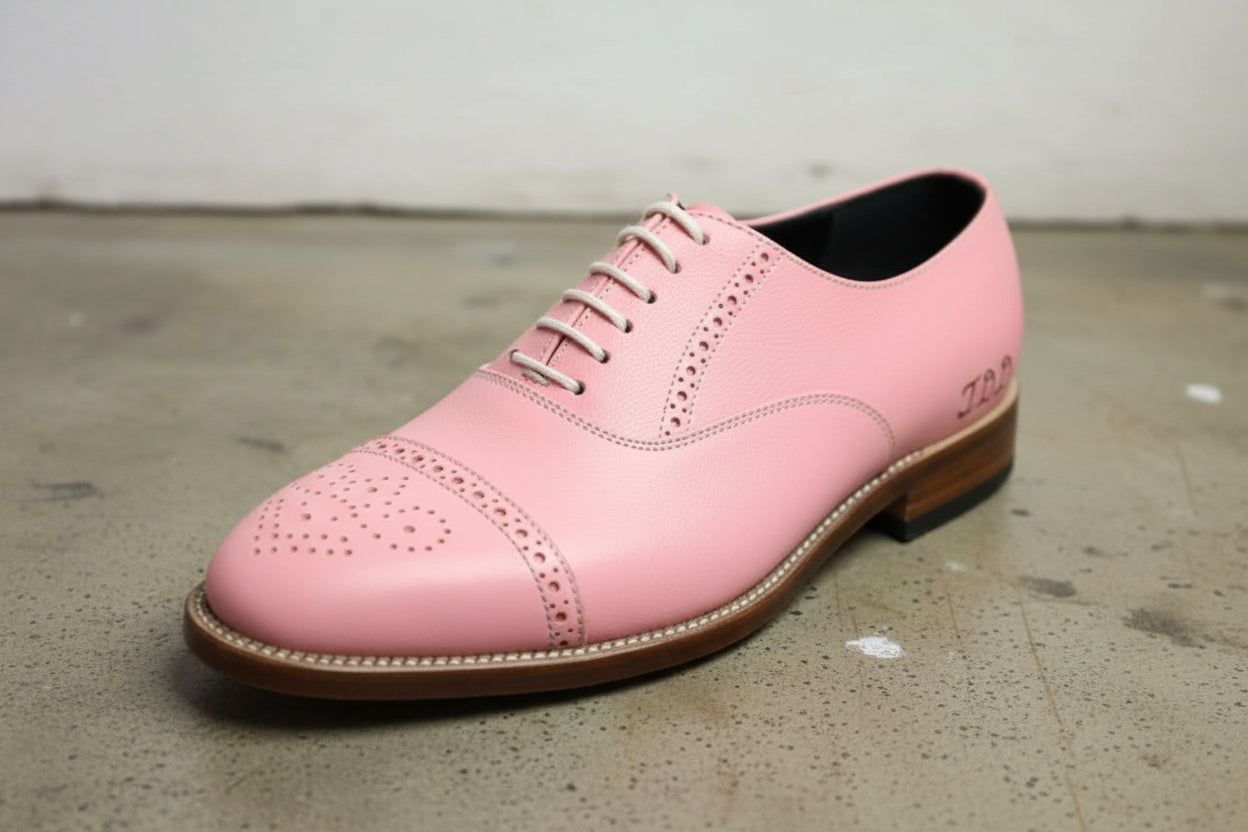 Handmade Men Pink Oxford shoes, Men Pink leather dress shoes, Party shoes - detail-view-showing-texture