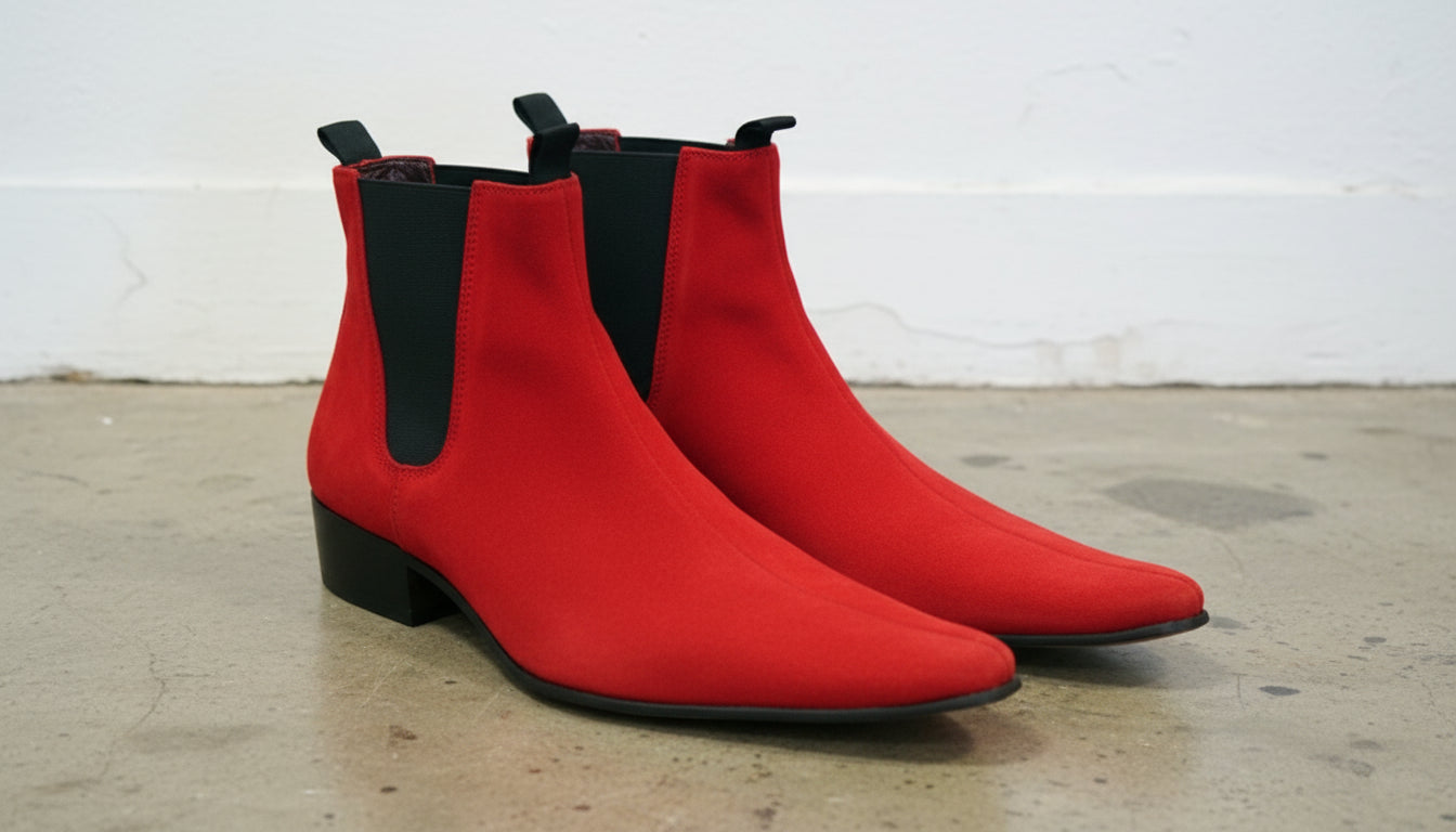 Handmade Men Red color Suede Pointed toe Chelsea Boots - 3-4-right-view