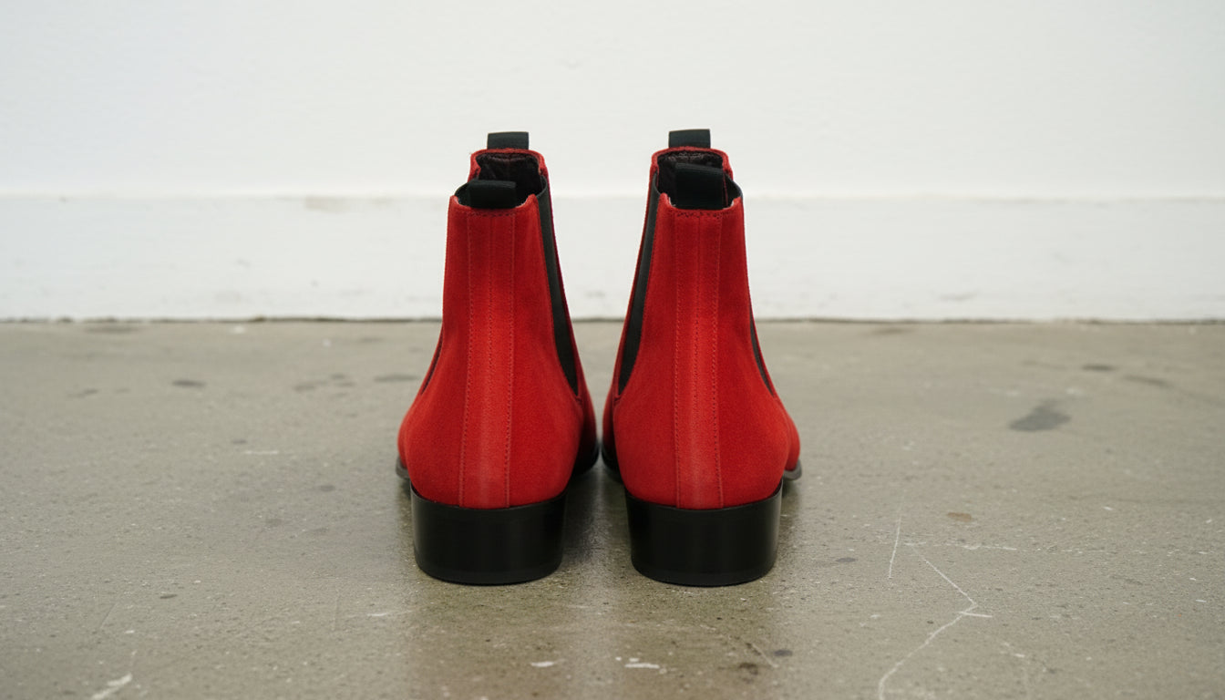 Handmade Men Red color Suede Pointed toe Chelsea Boots - back-view