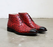 Handmade Men Red Leather Chukka boots, casual ankle leather boots - angle-view-showing-depth