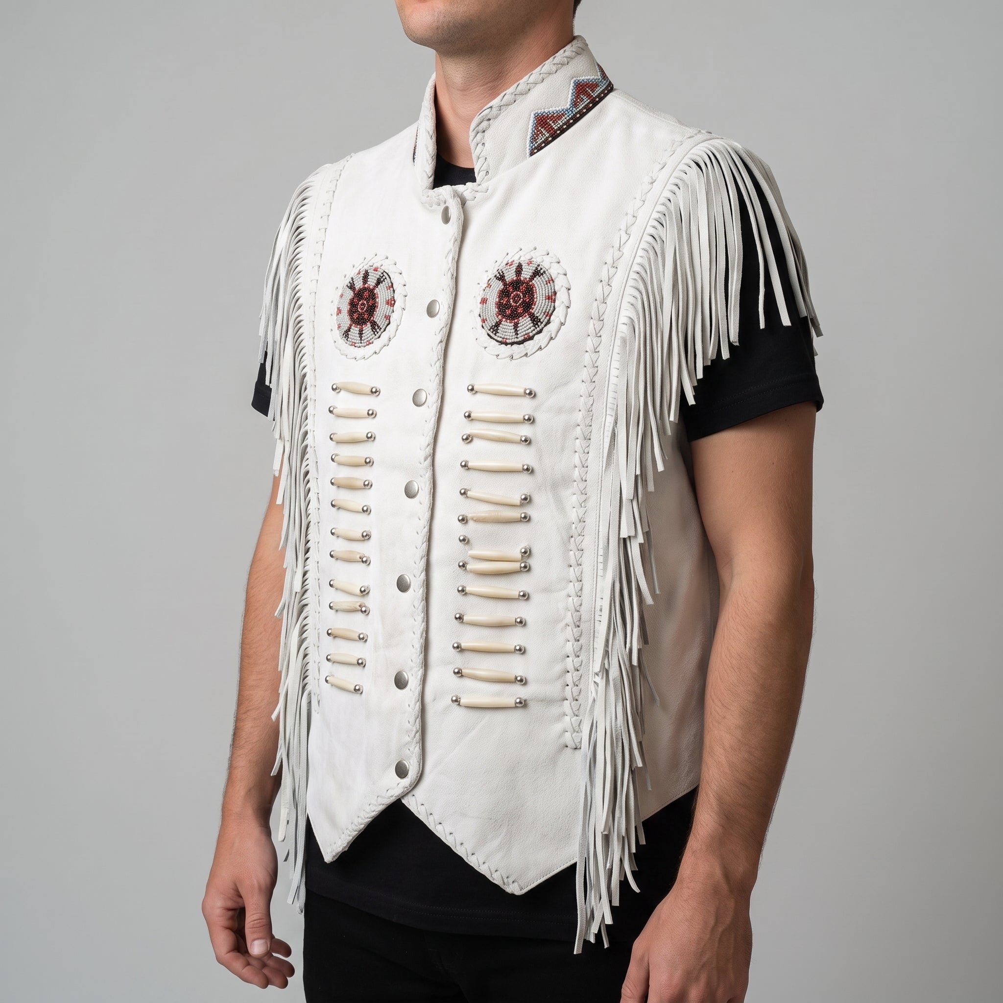 Handmade Men’s White Suede Western Leather Fringe Vest — Huxley