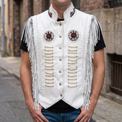 Handmade Men’s White Suede Western Leather Fringe Vest — Huxley