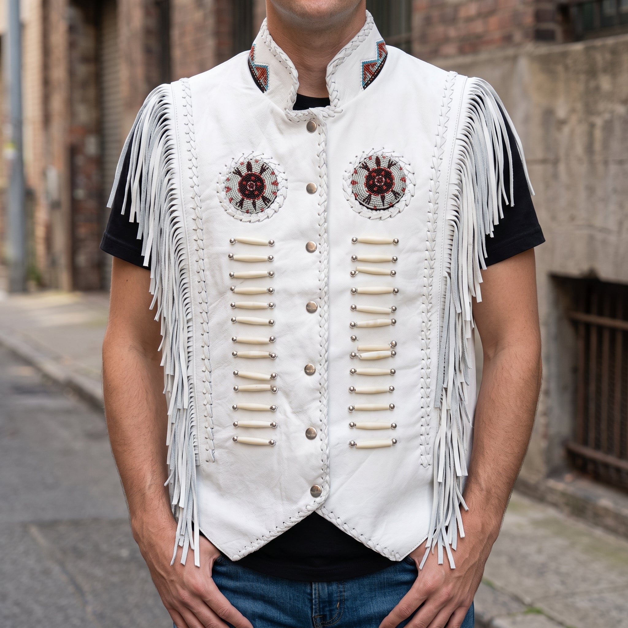 Handmade Men’s White Suede Western Leather Fringe Vest — Huxley