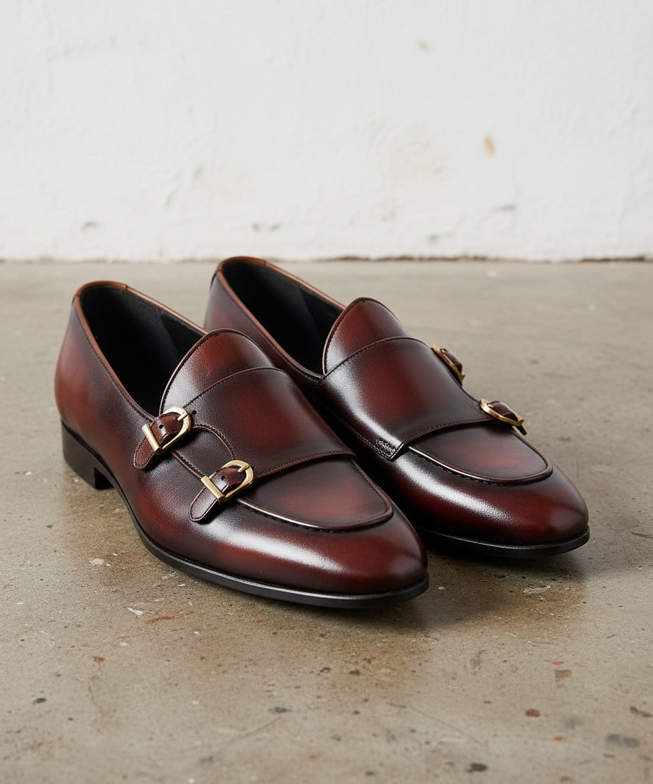 Handmade Men Shaded Burgundy Leather Double Monk Shoes, Belgian Monk Loafer - front-view