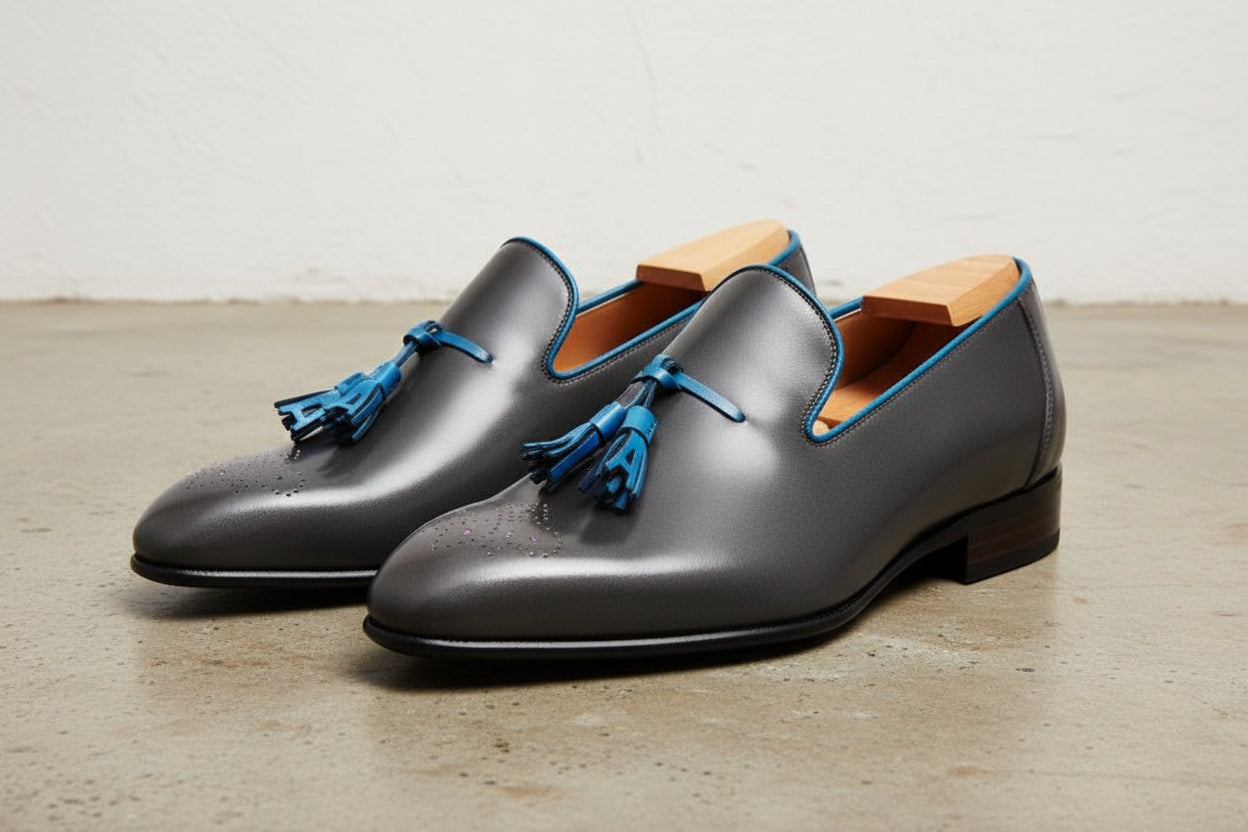 Handmade Men Shoes Mens Black Tassels Leather Shoes Dress Leather Shoes - angle-view-showing-depth