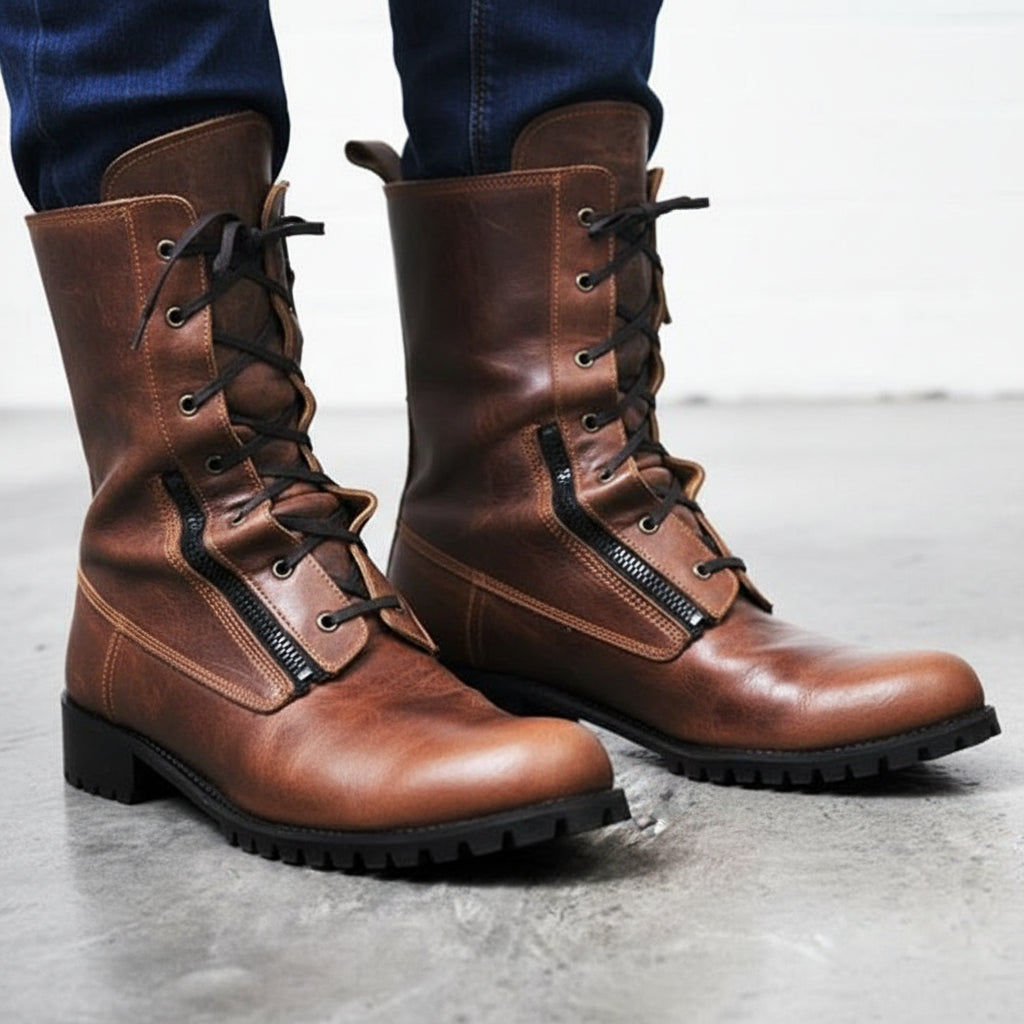 Handmade Men Side zipper Lace up Biker boots, Men antique brown rider boots - 3-4-right-view