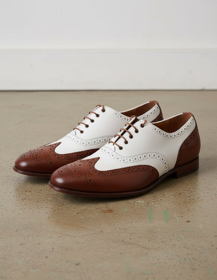 Handmade Men Spectators dress shoes, Men wing tip brogue Casino shoes - angle-view-showing-depth