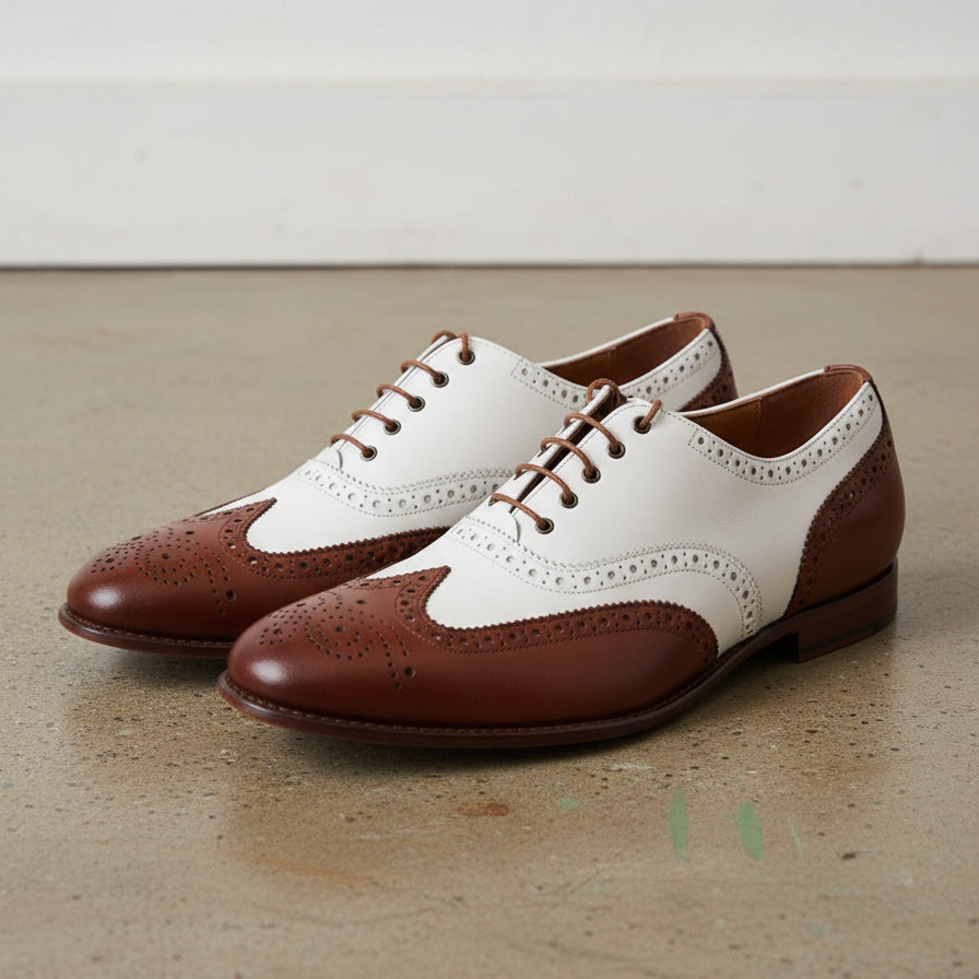 Handmade Men Spectators dress shoes, Men wing tip brogue Casino shoes - angle-view-showing-depth