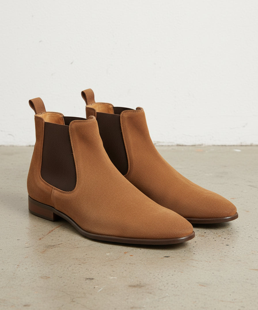 Handmade Men Suede Chelsea boot, Men tan suede ankle boots, Casual boots - angle-view-showing-depth