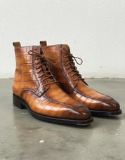 Handmade men tan brown crocodile ankle boots, lace up formal dress boots - angle-view-showing-depth