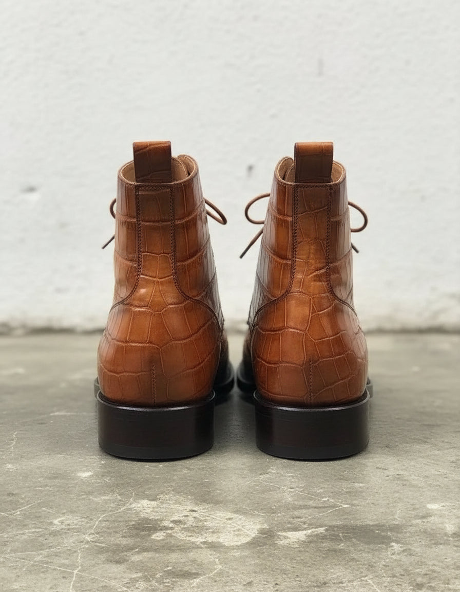Handmade men tan brown crocodile ankle boots, lace up formal dress boots - back-view