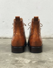 Handmade men tan brown crocodile ankle boots, lace up formal dress boots - back-view