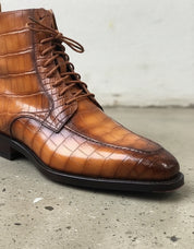 Handmade men tan brown crocodile ankle boots, lace up formal dress boots - detail-view-showing-texture