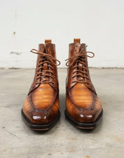 Handmade men tan brown crocodile ankle boots, lace up formal dress boots - front-view