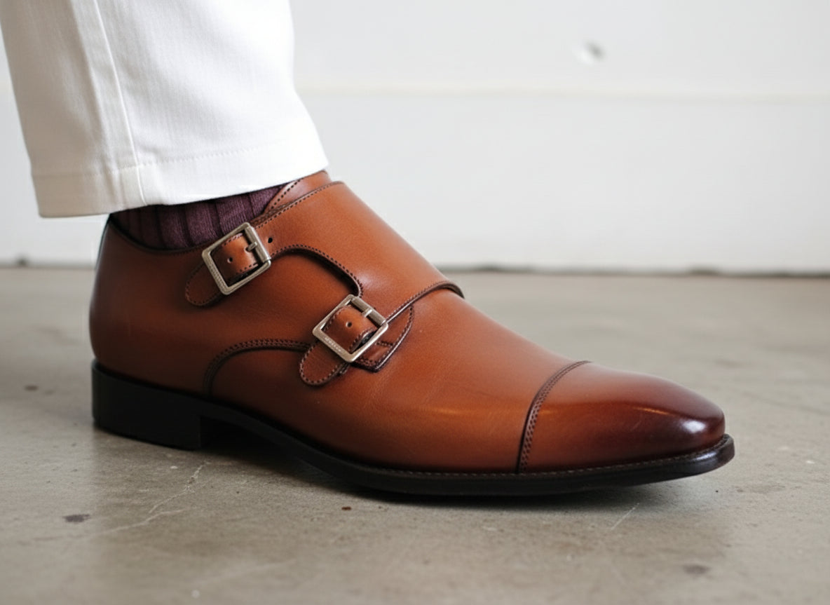 Handmade Men Tan brown Double monk Chukka dress boot, Formal boots for men - detail-view-showing-texture