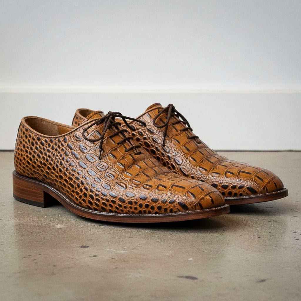 Handmade Men Tan Brown Dress Shoes, Men crocodile Leather Oxfords Shoes - angle-view-showing-depth