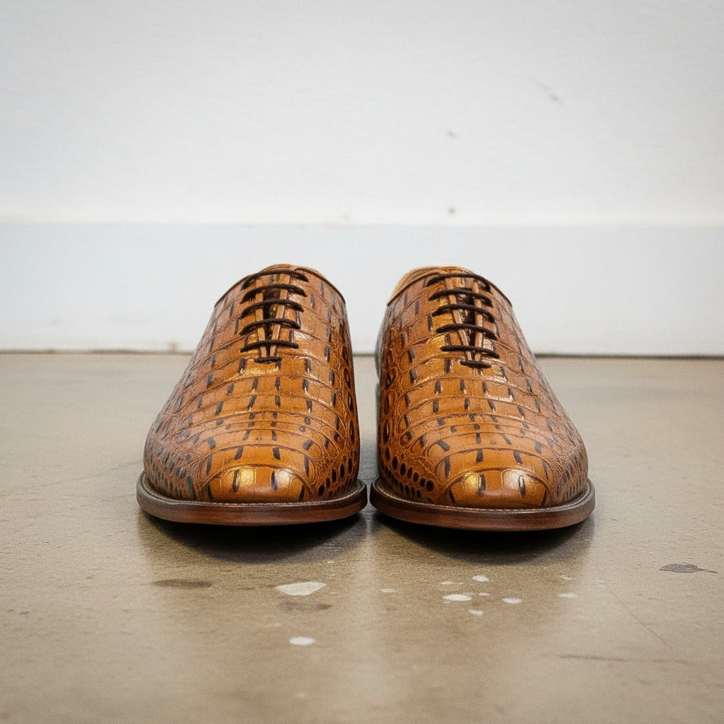 Handmade Men Tan Brown Dress Shoes, Men crocodile Leather Oxfords Shoes - front-view