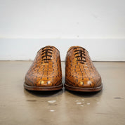 Handmade Men Tan Brown Dress Shoes, Men crocodile Leather Oxfords Shoes - front-view