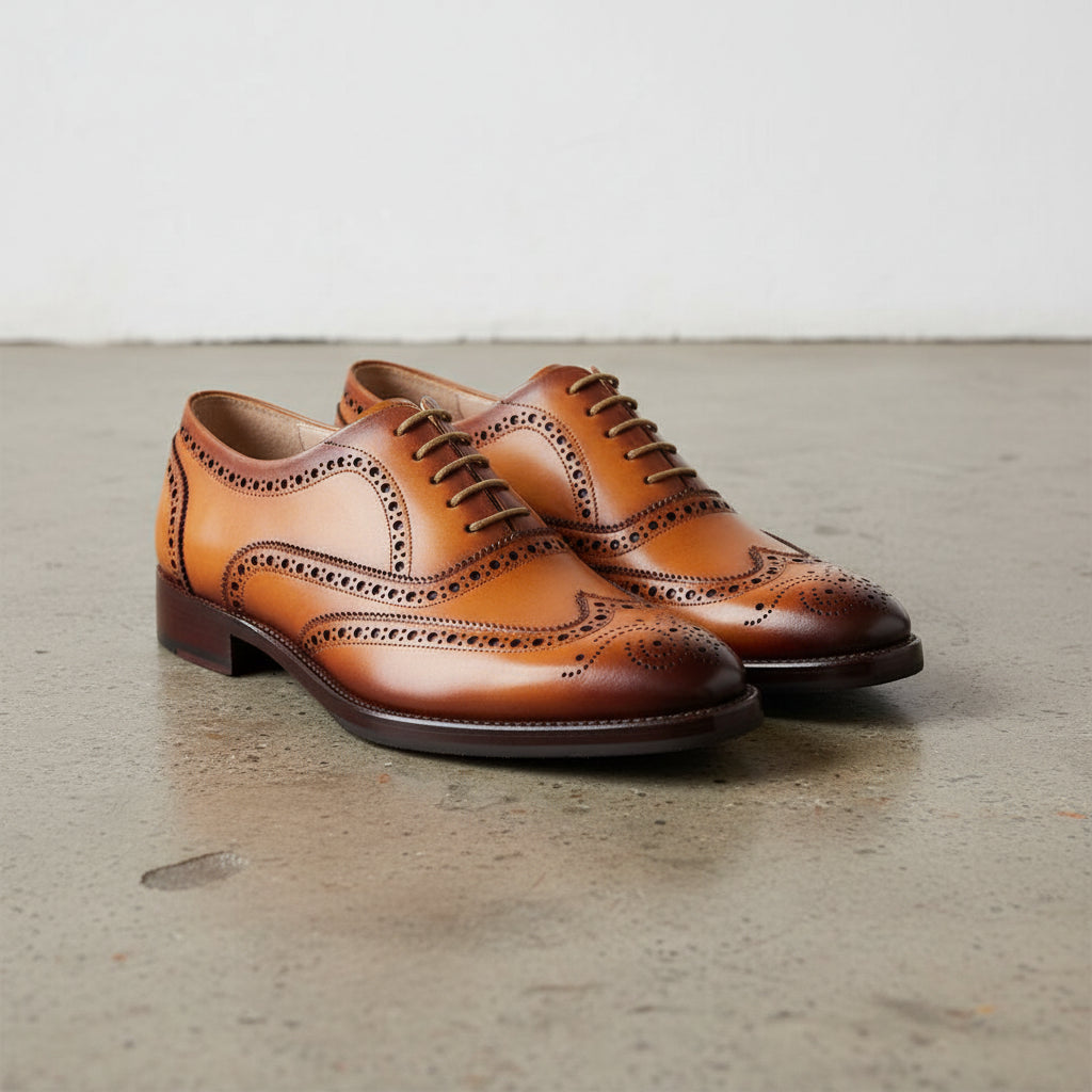 Handmade Men Tan brown leather shoes, Men wingtip dress shoes, Mens shoe - angle-view-showing-depth
