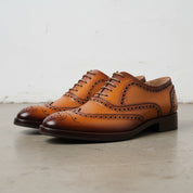 Handmade Men Tan brown leather shoes, Men wingtip dress shoes, Mens shoe - detail-view-showing-texture