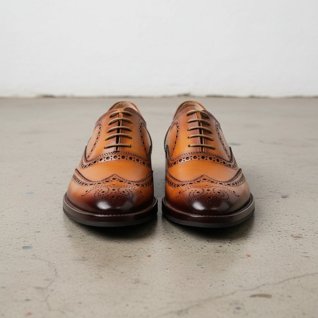 Handmade Men Tan brown leather shoes, Men wingtip dress shoes, Mens shoe - front-view