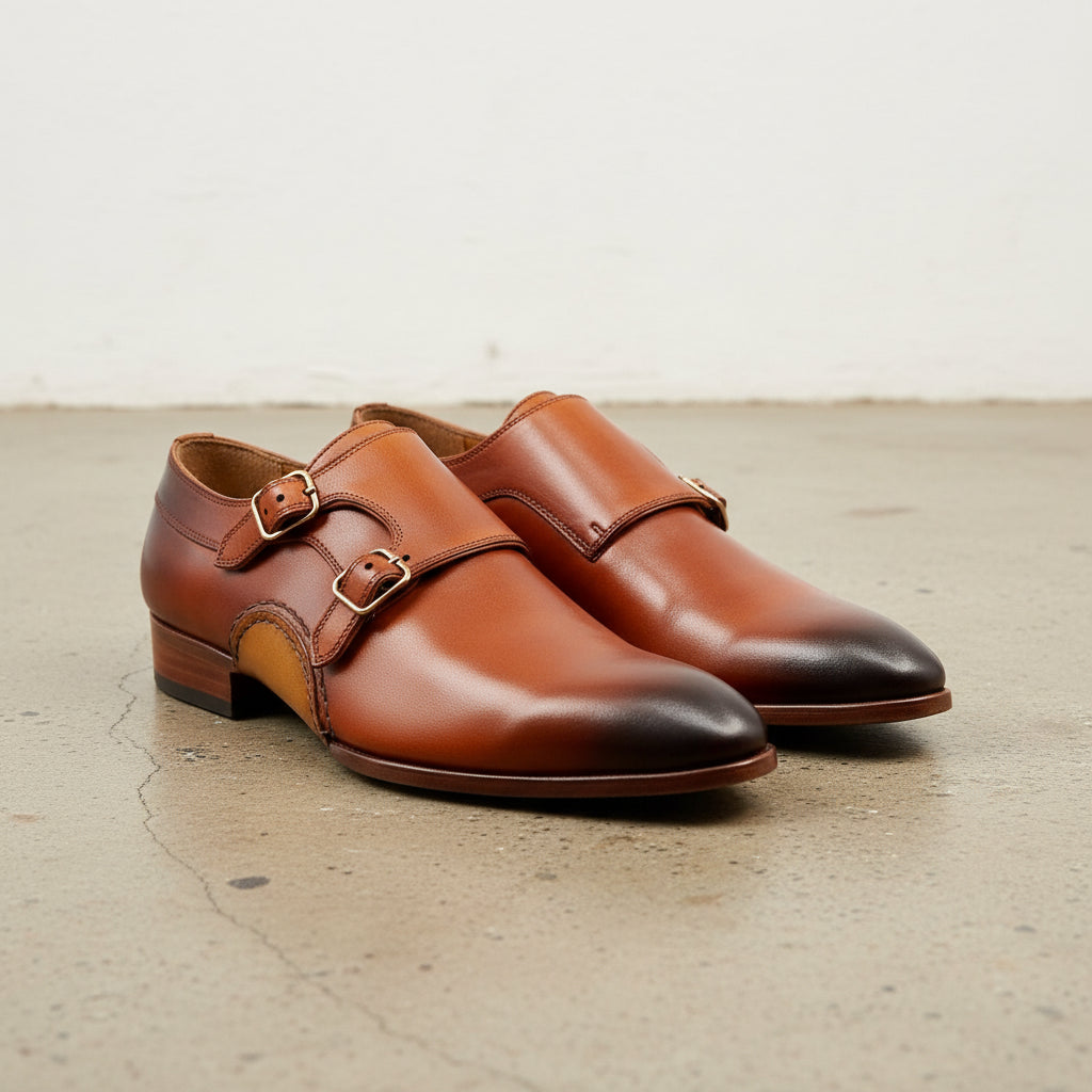 Handmade Men Tan brown monk shoes, Men tan dress shoes, Shoes for men - angle-view-showing-depth