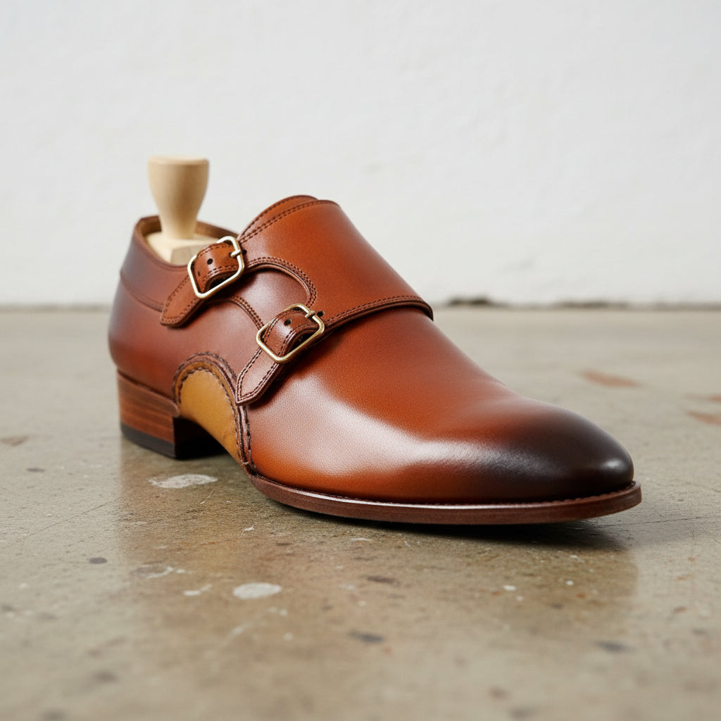 Handmade Men Tan brown monk shoes, Men tan dress shoes, Shoes for men - detail-view-showing-texture