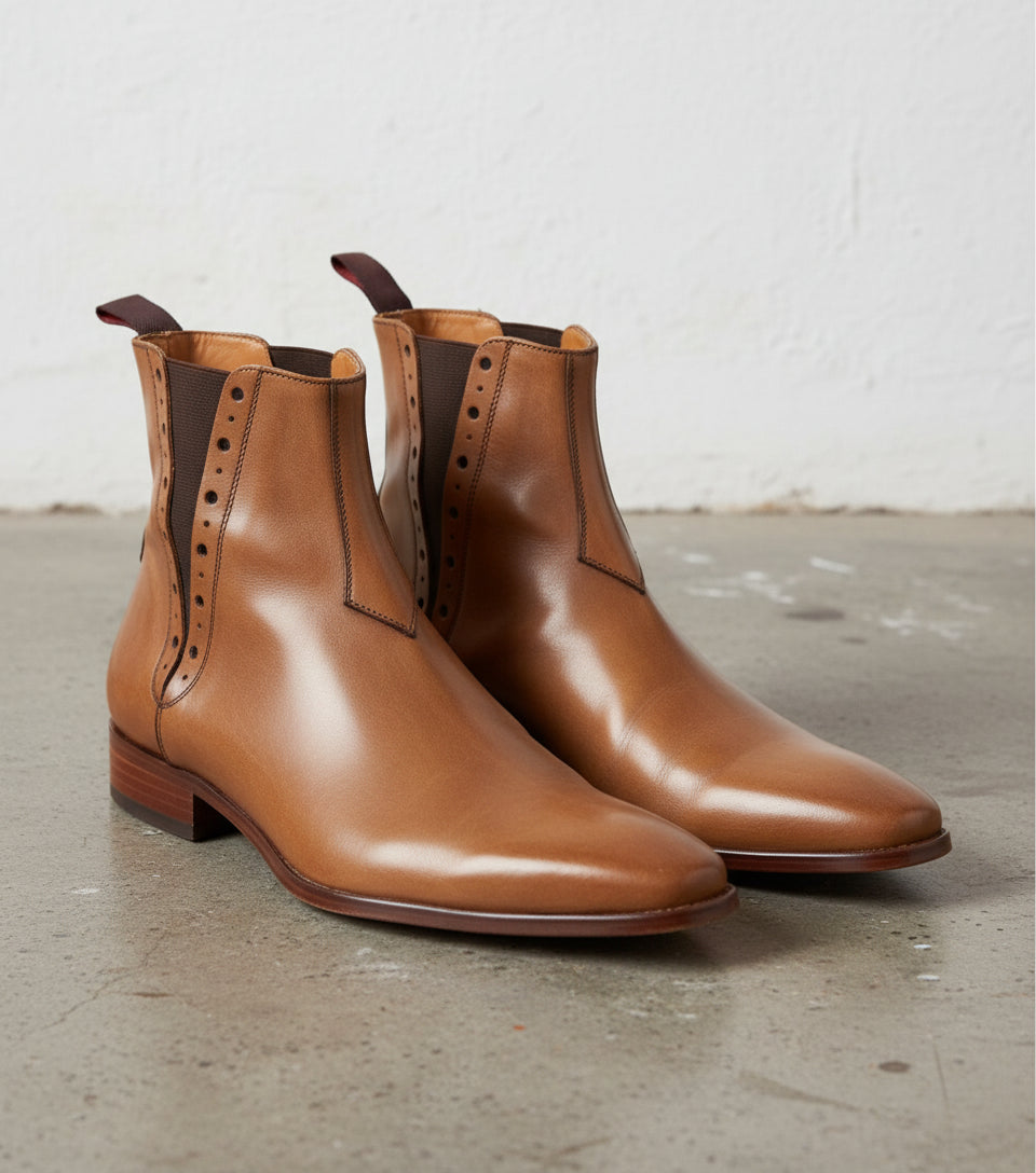 Handmade Men Tan Color Chelsea Brogue Ankle Boots, Ankle Leather Boots