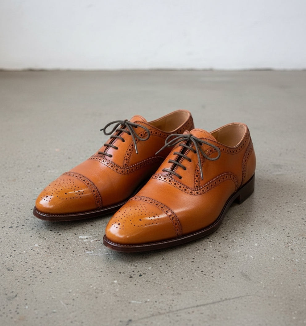 Handmade Men Tan Leather Brogue Dress Shoes, Men's Shoes Fashion, - angle-view-showing-depth