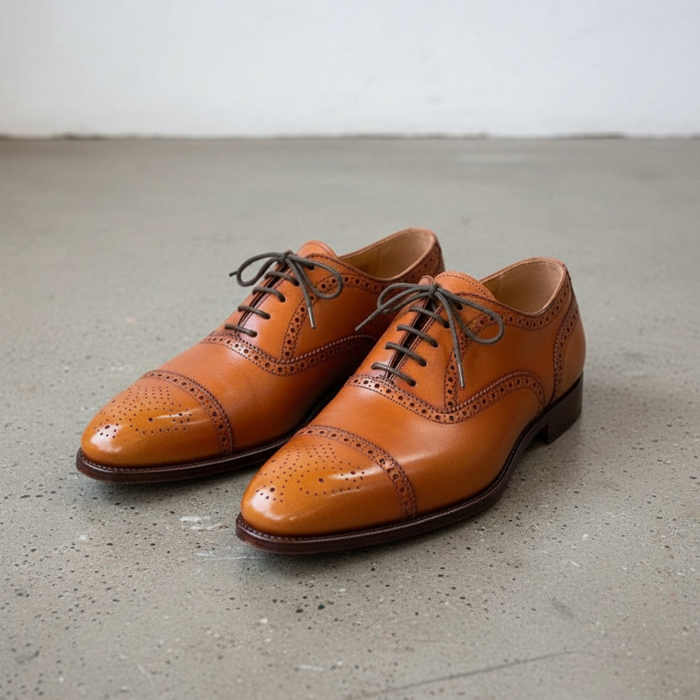 Handmade Men Tan Leather Brogue Dress Shoes, Men's Shoes Fashion, - angle-view-showing-depth