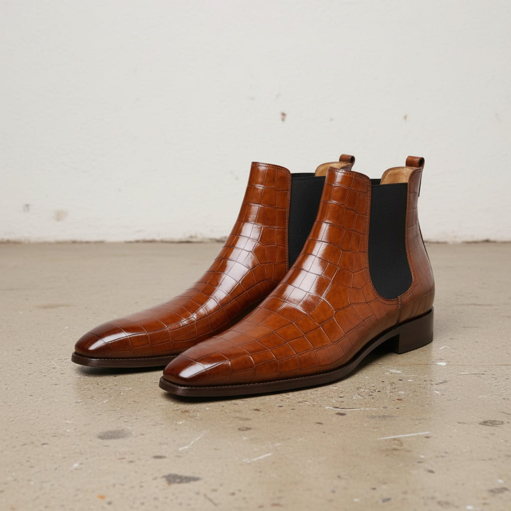 Handmade Men Tan leather chelsea boots, Men dress boots, Men crocodile boot - angle-view-showing-depth
