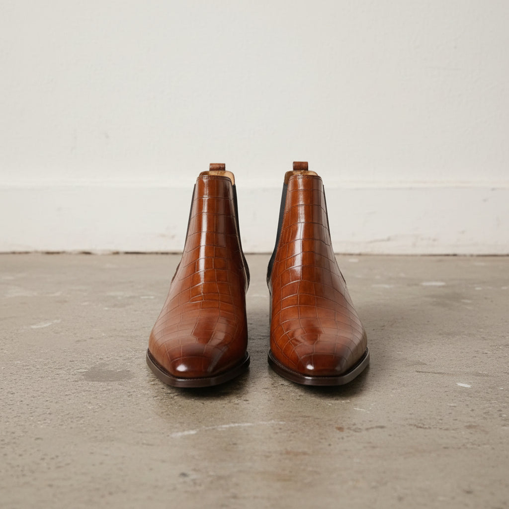 Handmade Men Tan leather chelsea boots, Men dress boots, Men crocodile boot - front-view