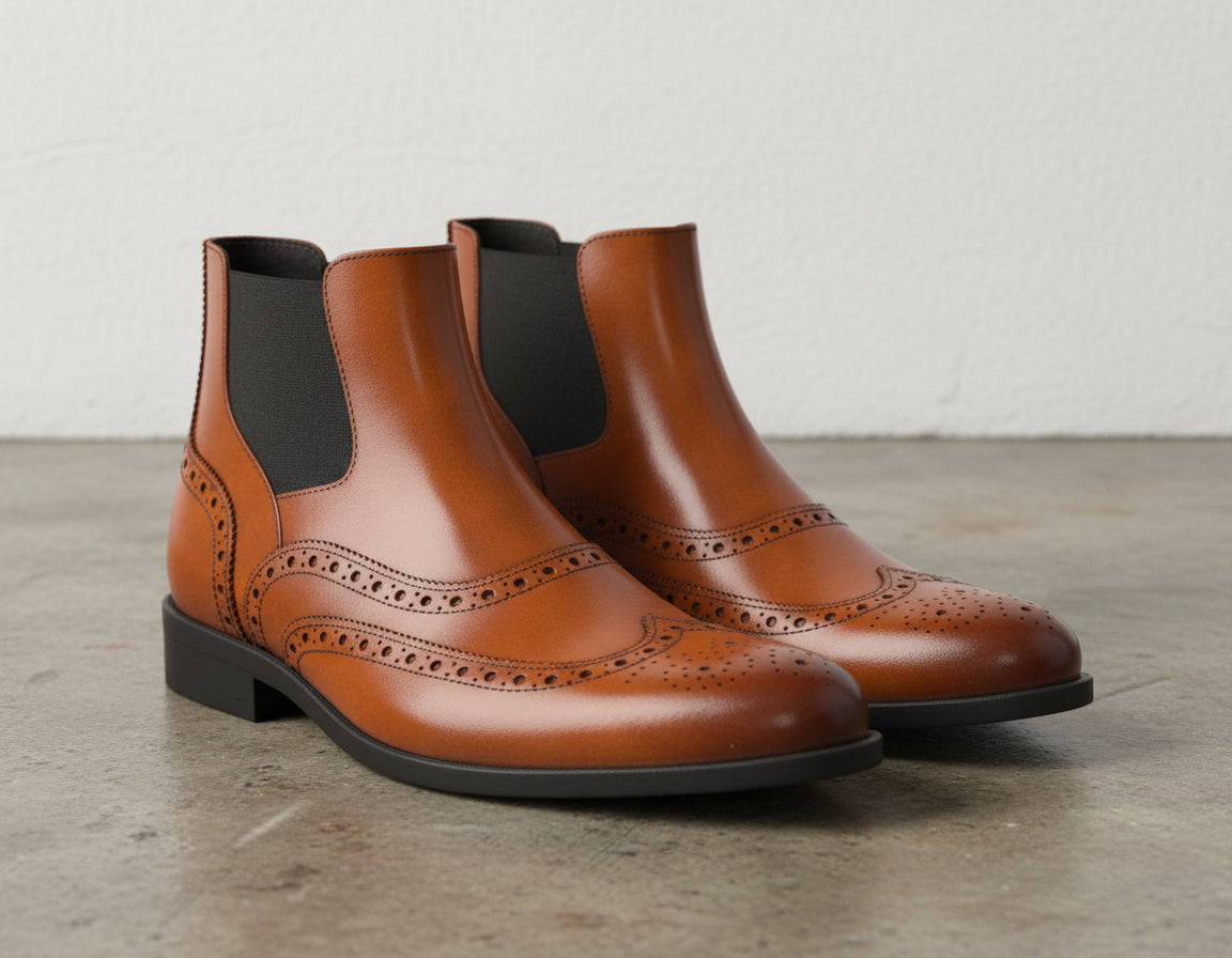 Handmade Men Tan leather chelsea boots, Mens wingtip brogue ankle boots - 3-4-right-view