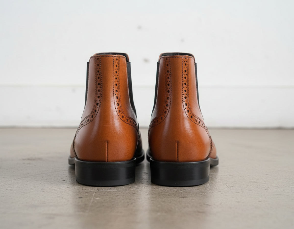 Handmade Men Tan leather chelsea boots, Mens wingtip brogue ankle boots - back-view