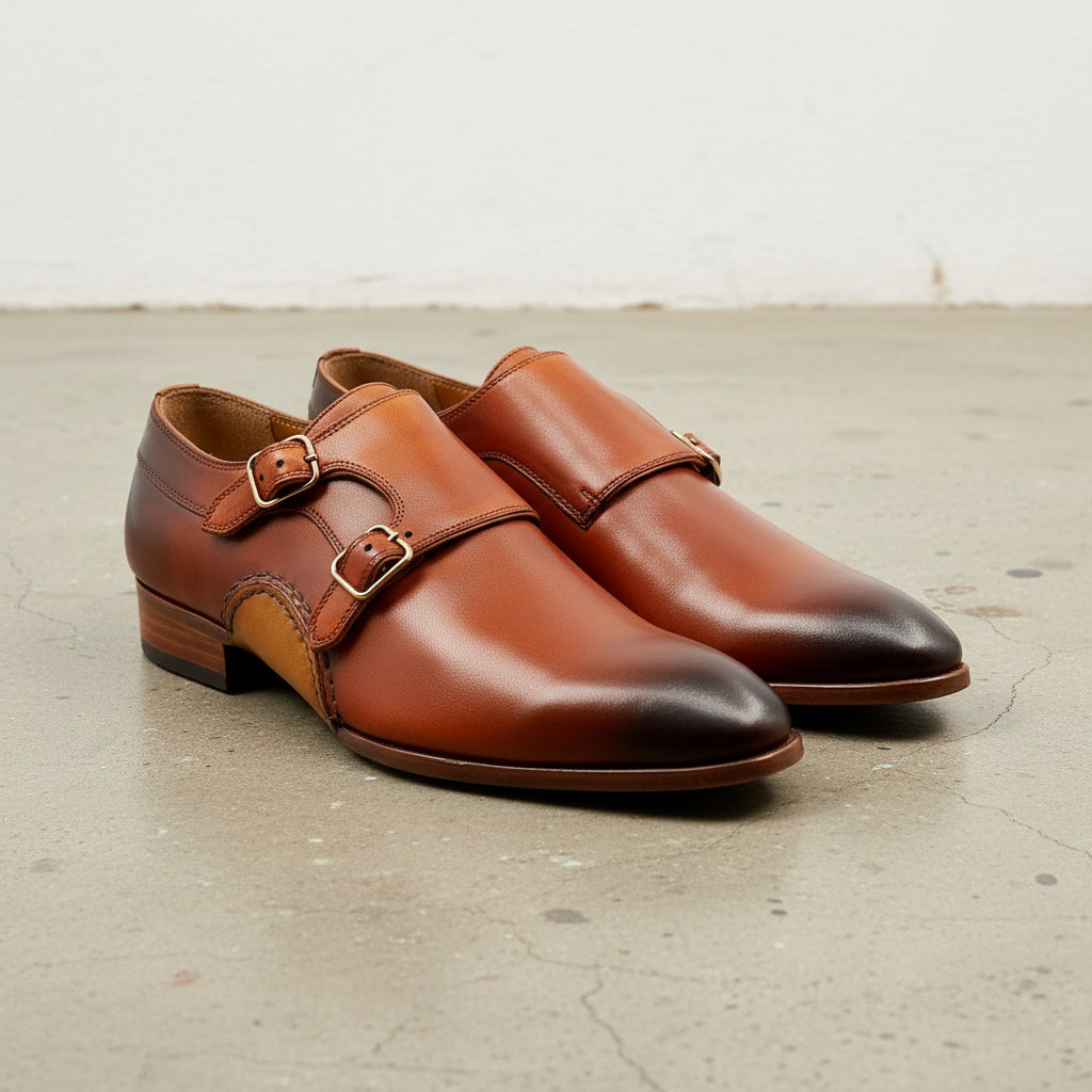 Handmade Men Tan leather double buckle shoes, Men Oxfords shoes - angle-view-showing-depth