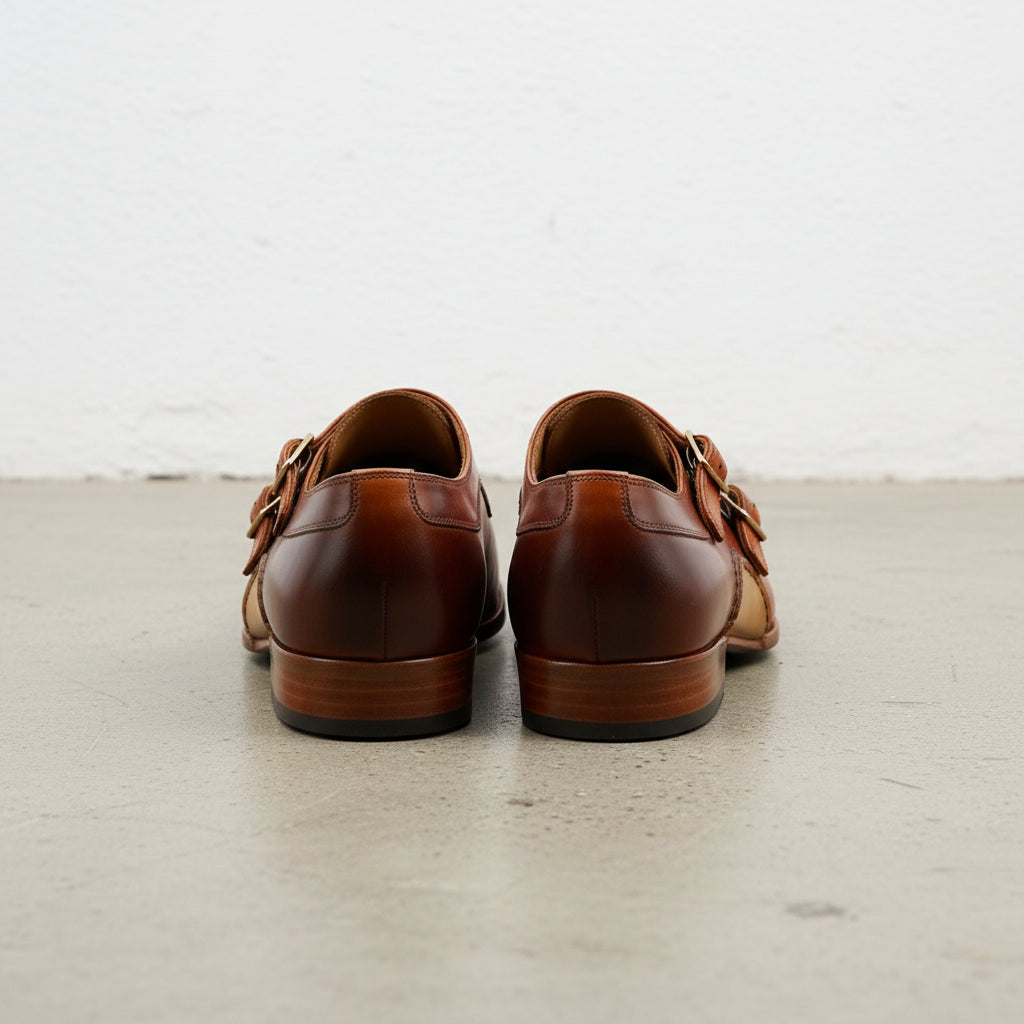 Handmade Men Tan leather double buckle shoes, Men Oxfords shoes - back-view