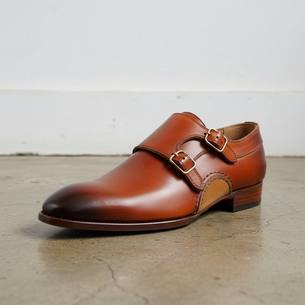 Handmade Men Tan leather double buckle shoes, Men Oxfords shoes - detail-view-showing-texture