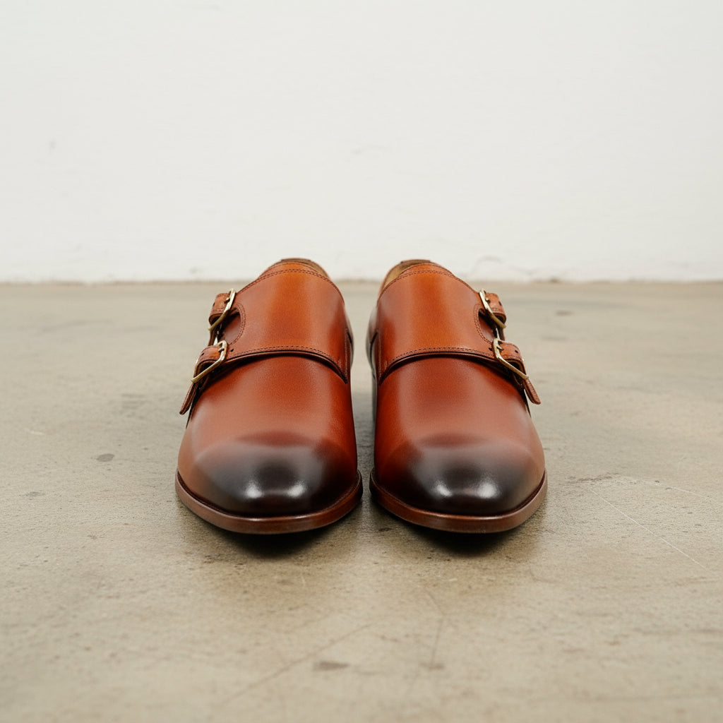 Handmade Men Tan leather double buckle shoes, Men Oxfords shoes - front-view