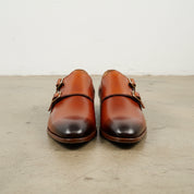 Handmade Men Tan leather double buckle shoes, Men Oxfords shoes - front-view