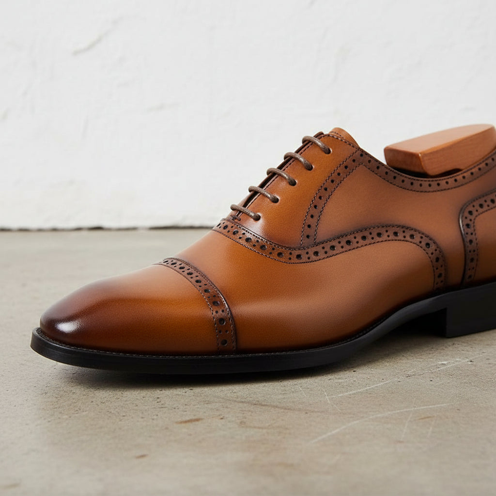 Handmade Men Tan Leather Formal Dress Shoes, Men Business/ Office Shoes - detail-view-showing-texture