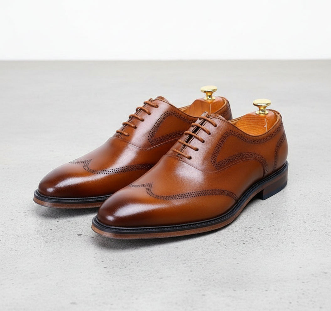 Handmade Men Tan Oxfors Leather Shoes, Men Wingtip Dress Shoes, Mens