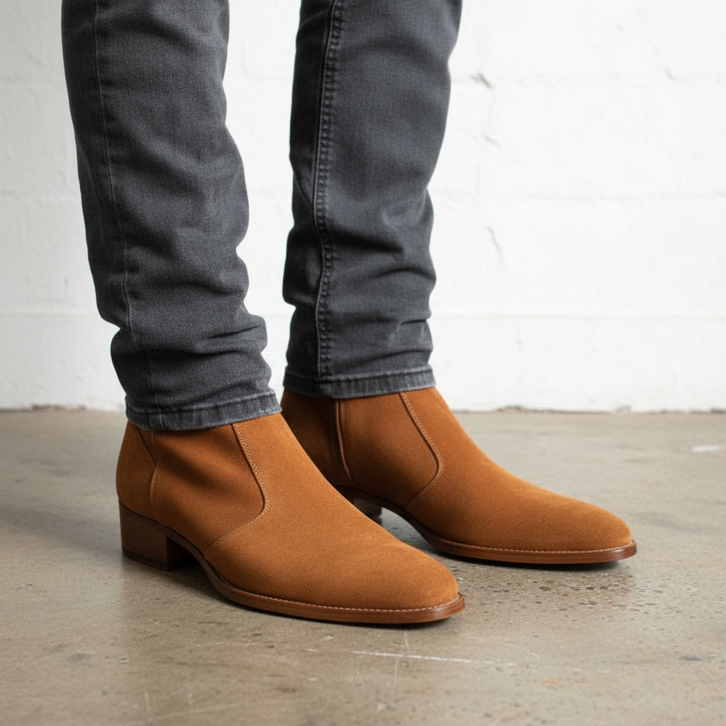 Handmade Men Tan Suede Leather Zipper Boots, Men Biker Zipper Boots - 3-4-right-view