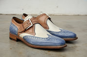 Handmade Men Three Tone Wing Tip Brogue Shoes, Designer Formal Shoes - angle-view-showing-depth