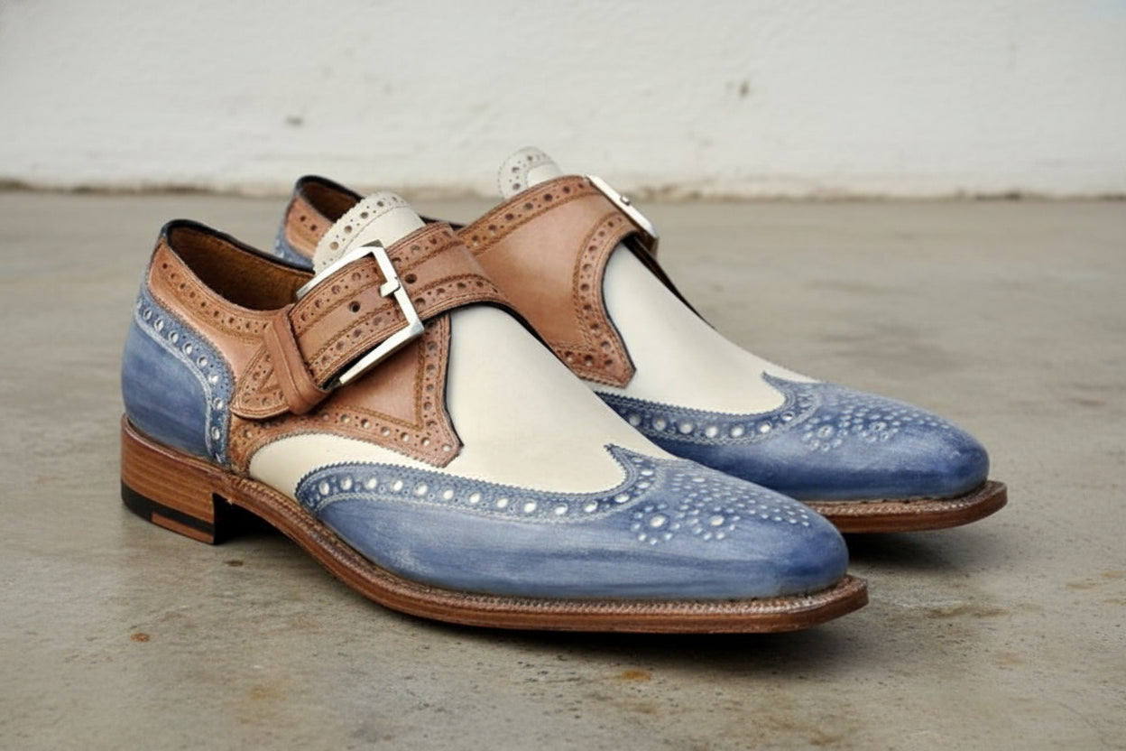 Handmade Men Three Tone Wing Tip Brogue Shoes, Designer Formal Shoes - angle-view-showing-depth