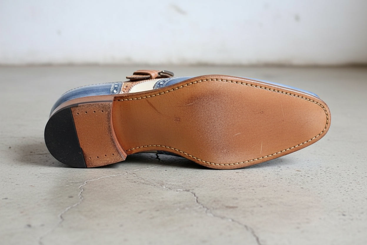 Handmade Men Three Tone Wing Tip Brogue Shoes, Designer Formal Shoes - bottom-sole-view