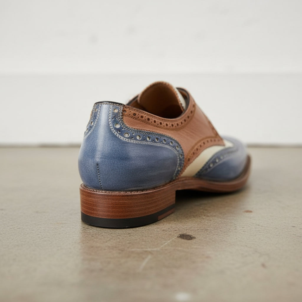 Handmade Men Three Tone Wing Tip Brogue Shoes, Designer Formal Shoes - detail-view-showing-texture