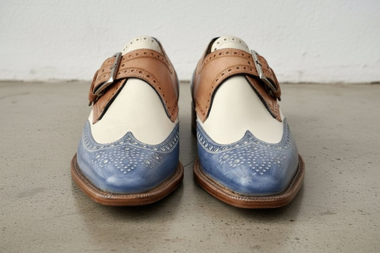 Handmade Men Three Tone Wing Tip Brogue Shoes, Designer Formal Shoes - front-view